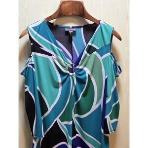 BOLD Elements Blouse Womens XL Multicolor Geometric V Neck Cold Shoulder Top